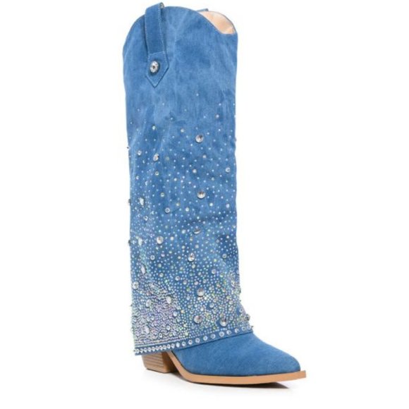 AZALEA WANG Mellow Denim Western Rhinestone Studded Cowgirl Cowboy Boots 7-11 - Picture 4 of 12